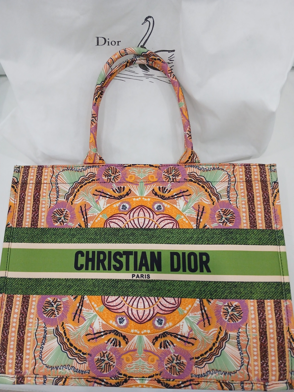 Dior Women’s Tote Bag — Green, Orange & Pink Patterned Canvas